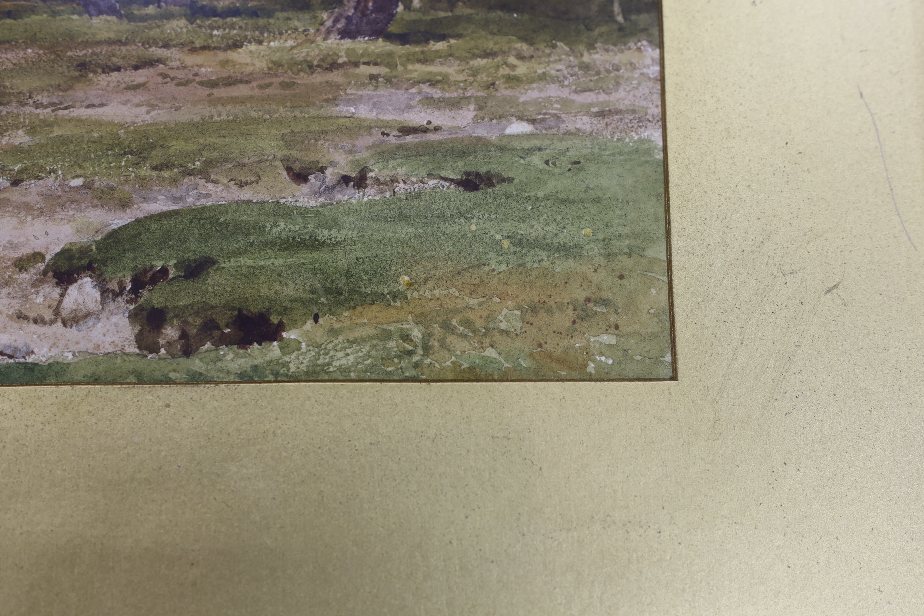 Edmund Morison Wimperis (1835-1900) watercolour, A river bank, unsigned, inscribed in ink and 1420AG Christie's stencil verso, 29 x 43cm